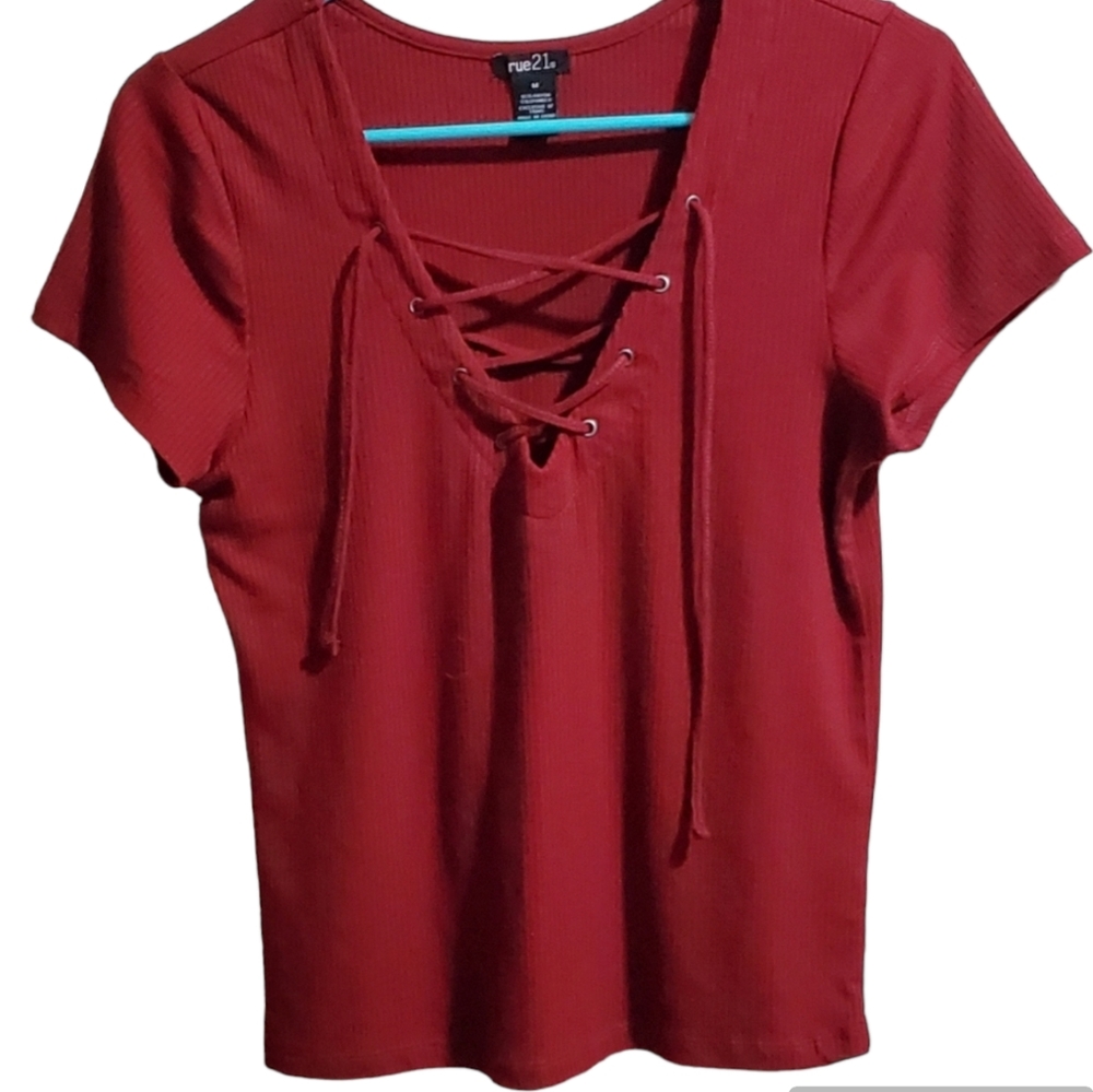 Rue 21 burgundy lace up shirt - Picture 2 of 7